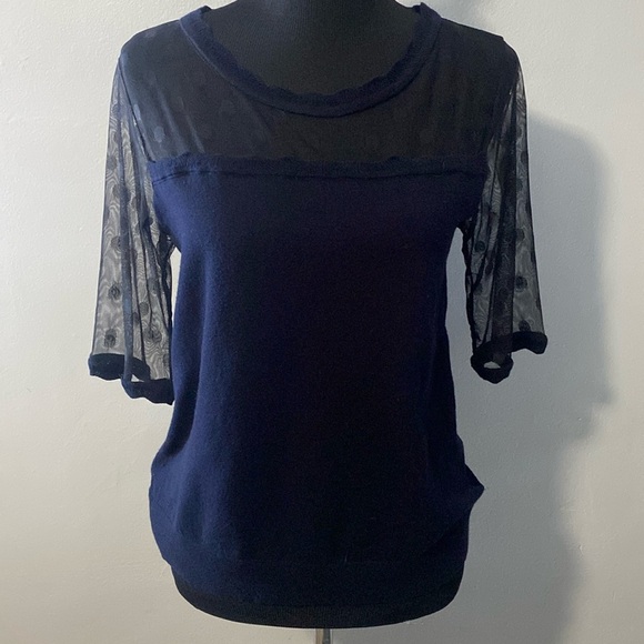 Knitted & Knotted Anthropologie Black Sweater Sheer Top & Sleeves Scalloped Neck - Picture 1 of 7